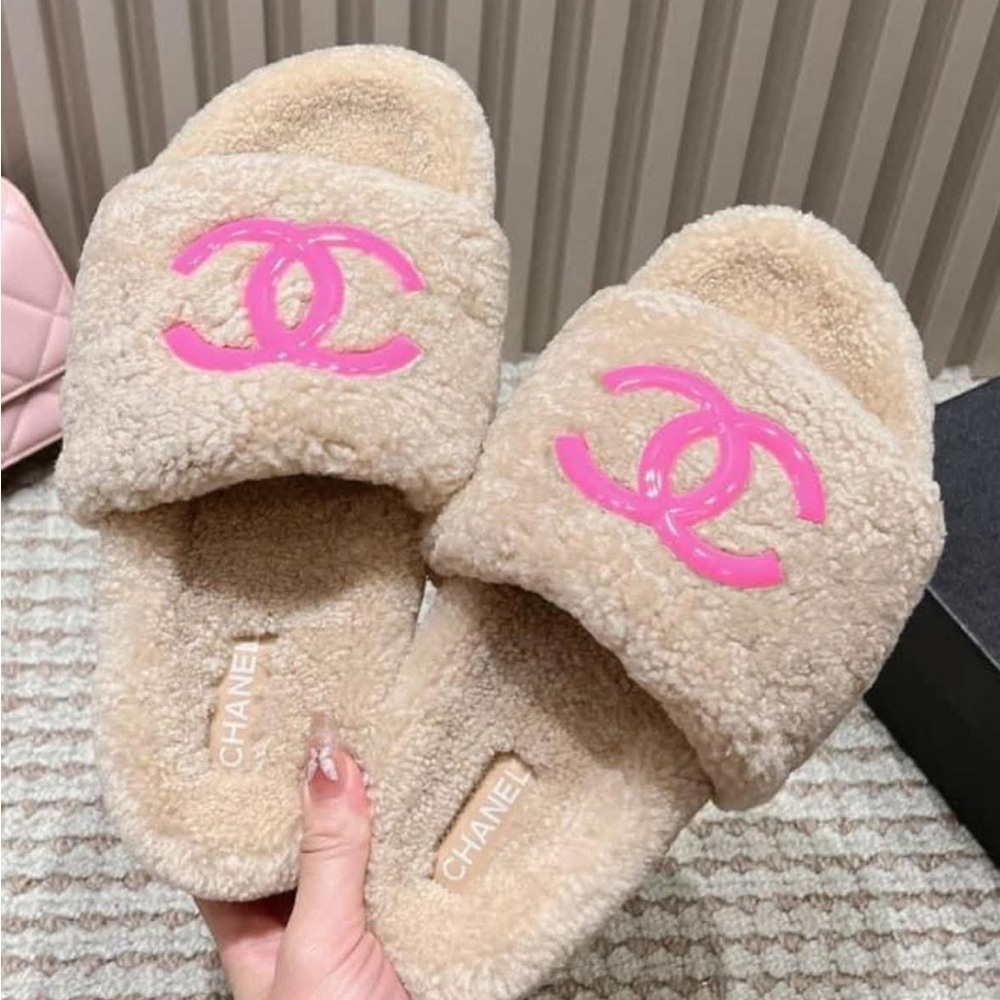 COZY Beige Slippers with Pink Logo